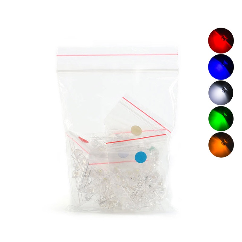 100x DEL 5 mm transparente - triées blanc, rouge, jaune, bleu, vert