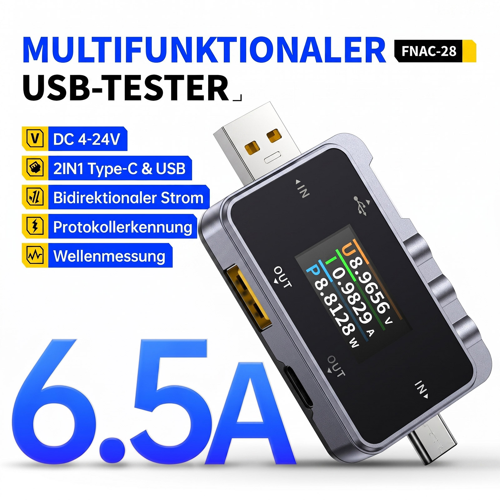FNIRSI FNAC-28 Testeur USB – Appareil de mesure 2-en-1 pour USB-A et USB-C avec écran TFT – Image 2