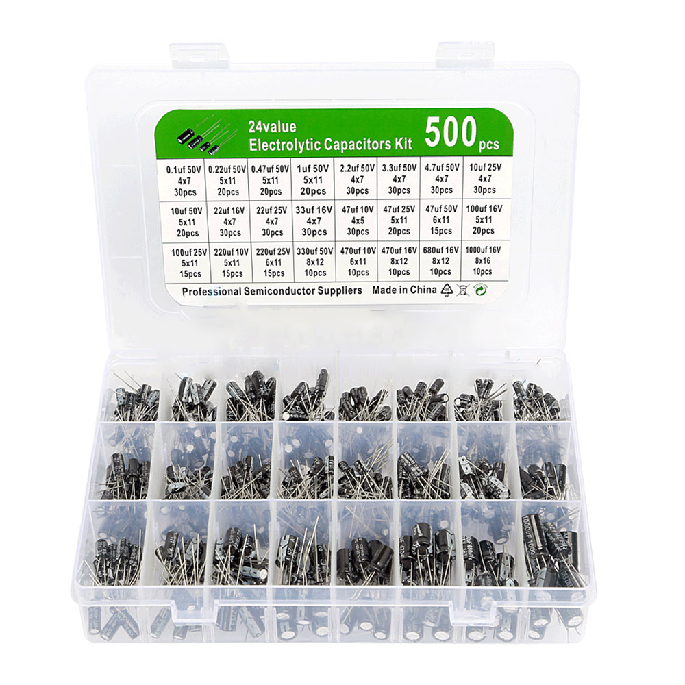 Kit de condensateurs électrolytiques ElKo 24 valeurs, 500 pièces 0,1 µF – 1000 µF