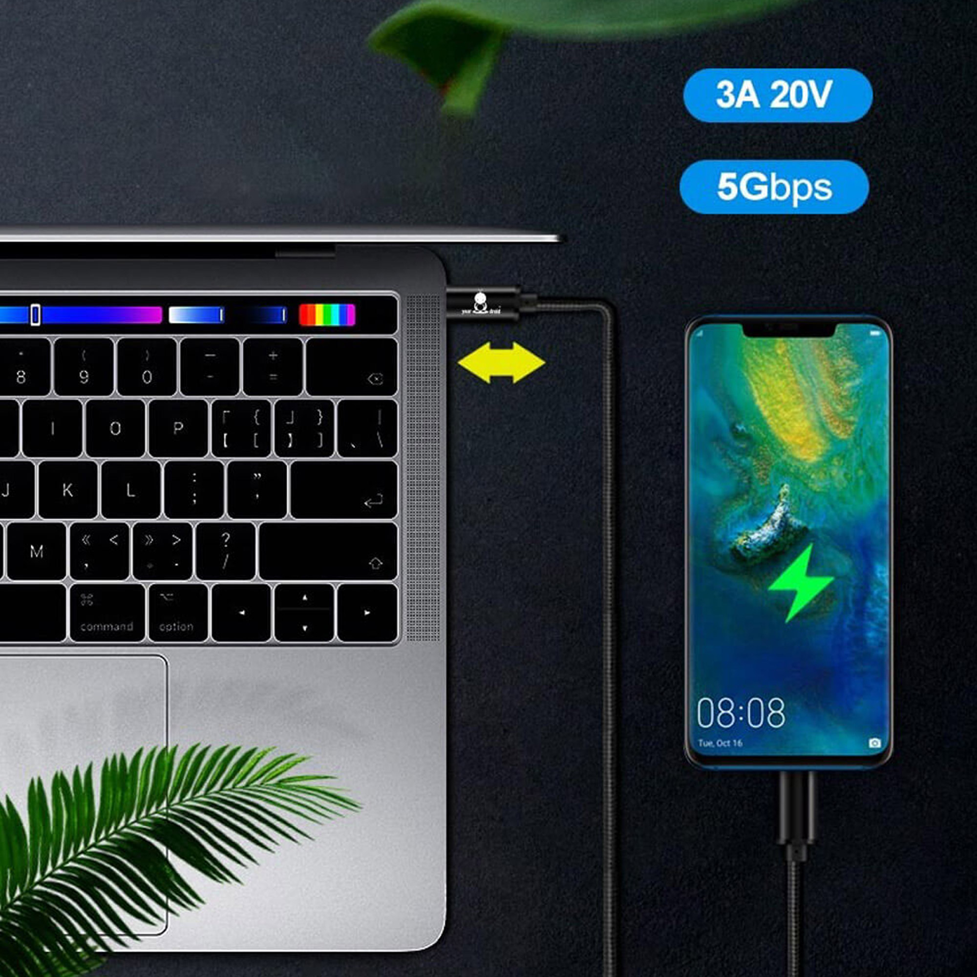 yourDroid câble USB-C câble de charge rapide 60W 1,5 m – Image 3