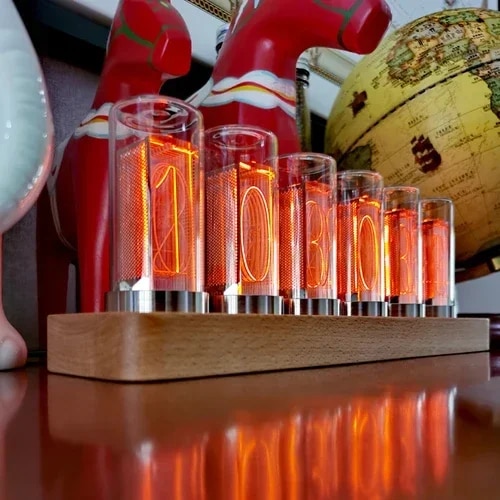Horloge Nixie numérique avec boîtier en bois (réveil, luminosité réglable, calendrier)