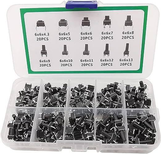 Kit de boutons poussoirs 6x6 mm THT 200 pièces 10 tailles