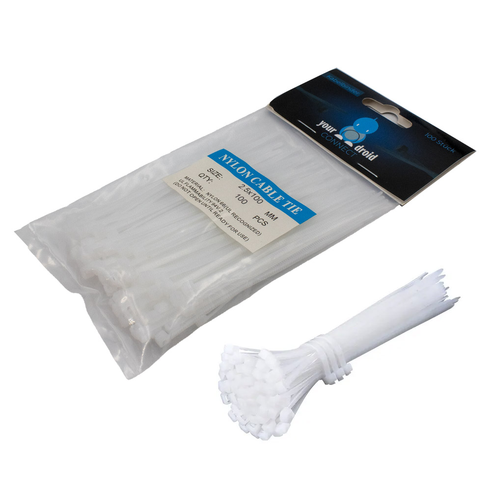 100 colliers de câble blancs 2,5*100 mm