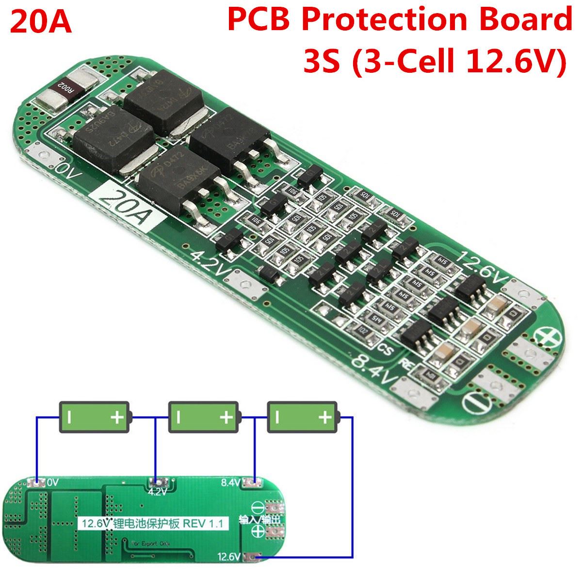 Carte PCB BMS 3S 20A pour batterie Li-ion Lithium 18650 12,6V avec protection des cellules
