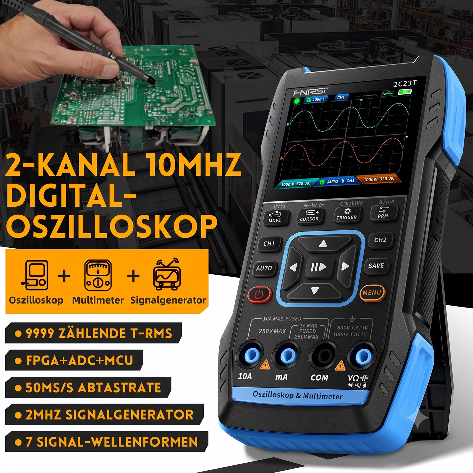 FNIRSI 2C23T – Oscilloscope portatif avec multimètre et générateur de fonctions (10 MHz, 50 MS/s, 2 canaux) – Image 8