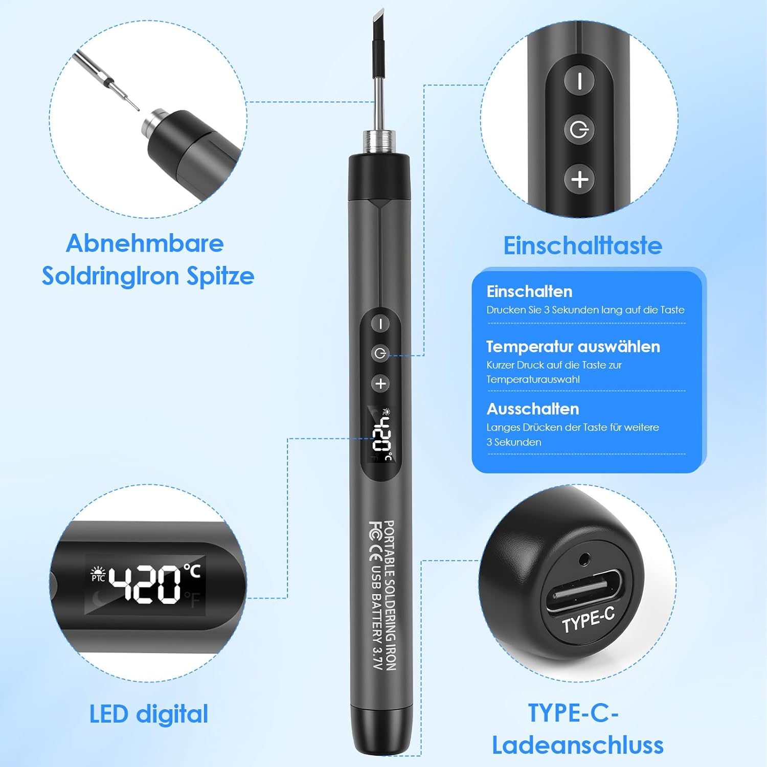 Kit de fer à souder sans fil avec écran LCD et accessoires – USB-C, batterie 1000 mAh – Image 4