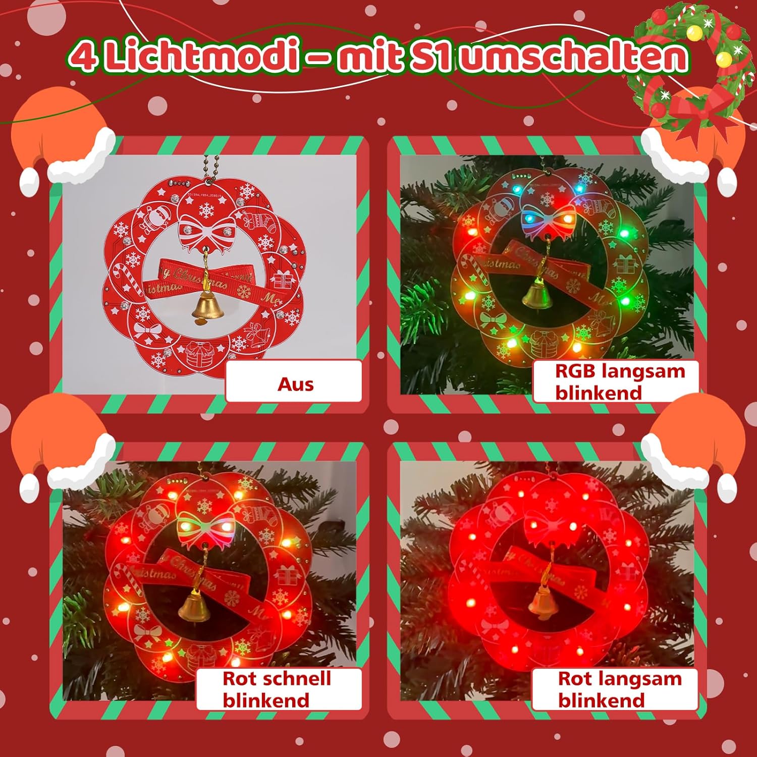 Kit 2 pièces couronne de Noël LED – Kit de décoration électronique avec 3 modes lumineux – Image 8