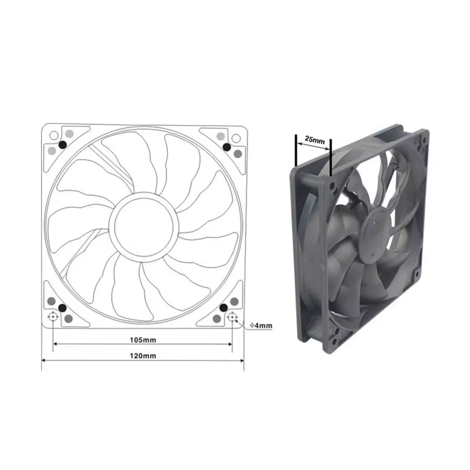 Ventilateur 12V 120x120x25mm avec contrôle PWM 4 broches – Image 3