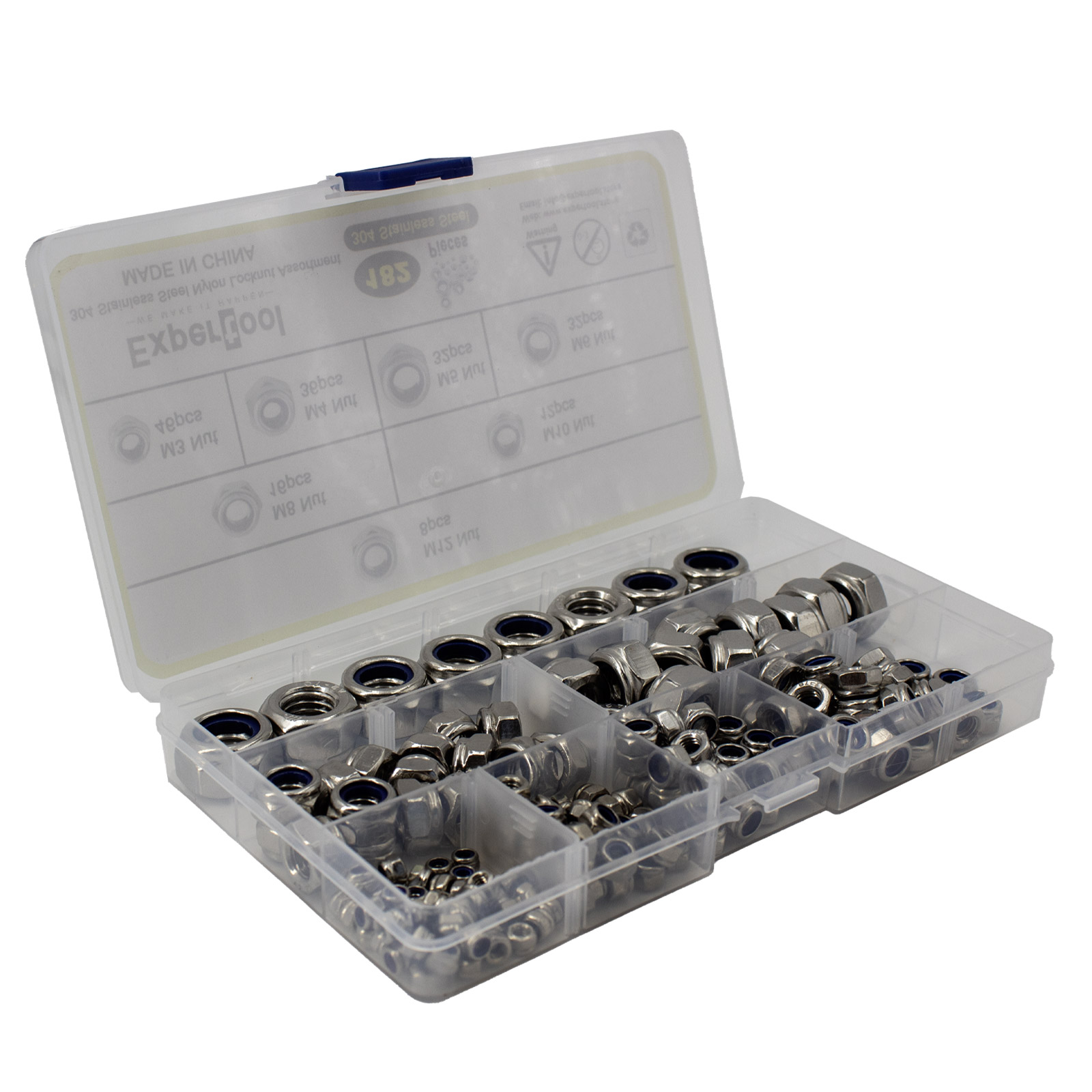 Assortiment d'écrous de sécurité nylon en acier inoxydable 304 – 180 pièces
