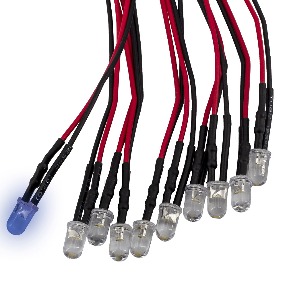 10 pièces LED F5 5mm bleu câblées 20cm 5-12V