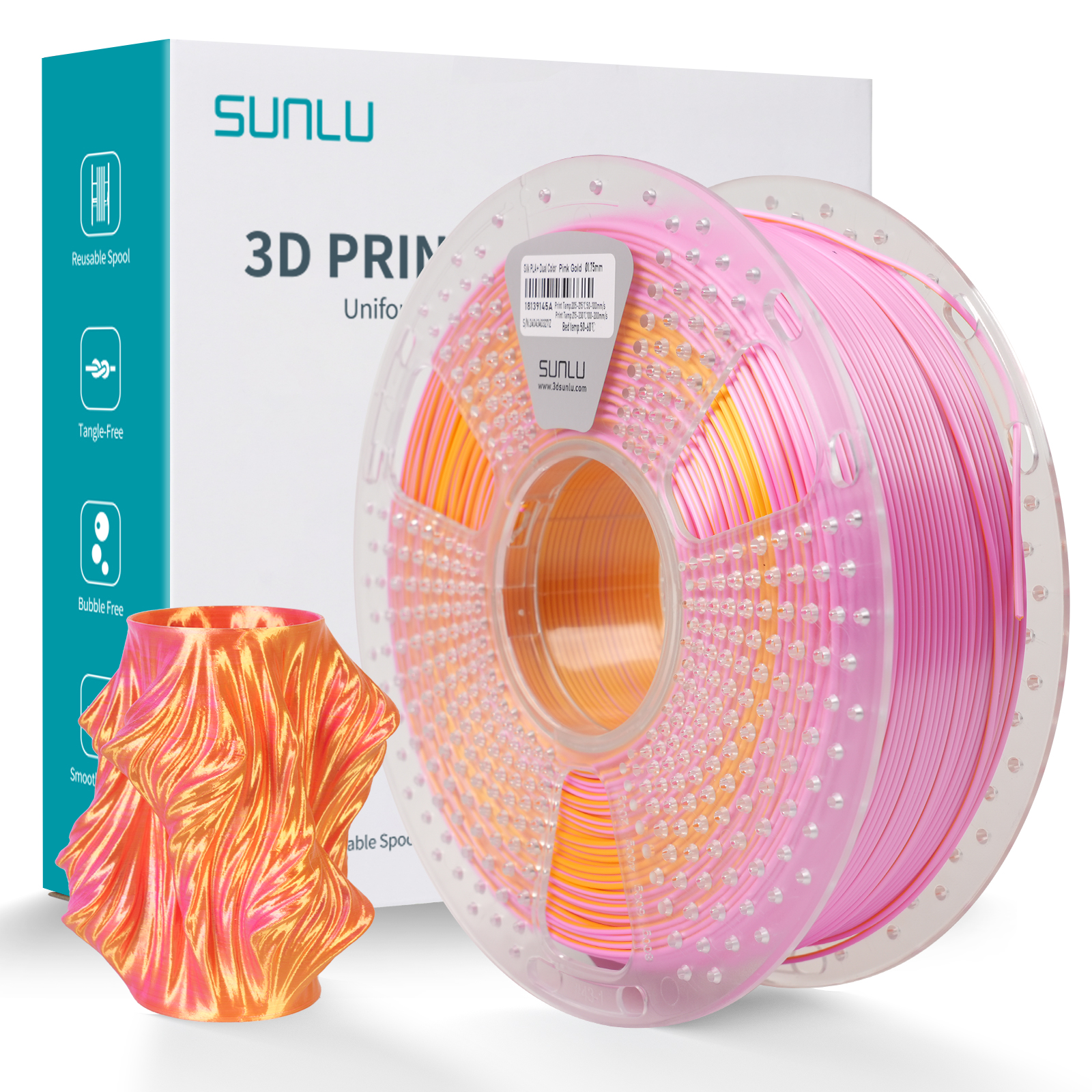 Filament Sunlu Silk PLA+ Dual Color Rose Or 1,75 mm 1 kg