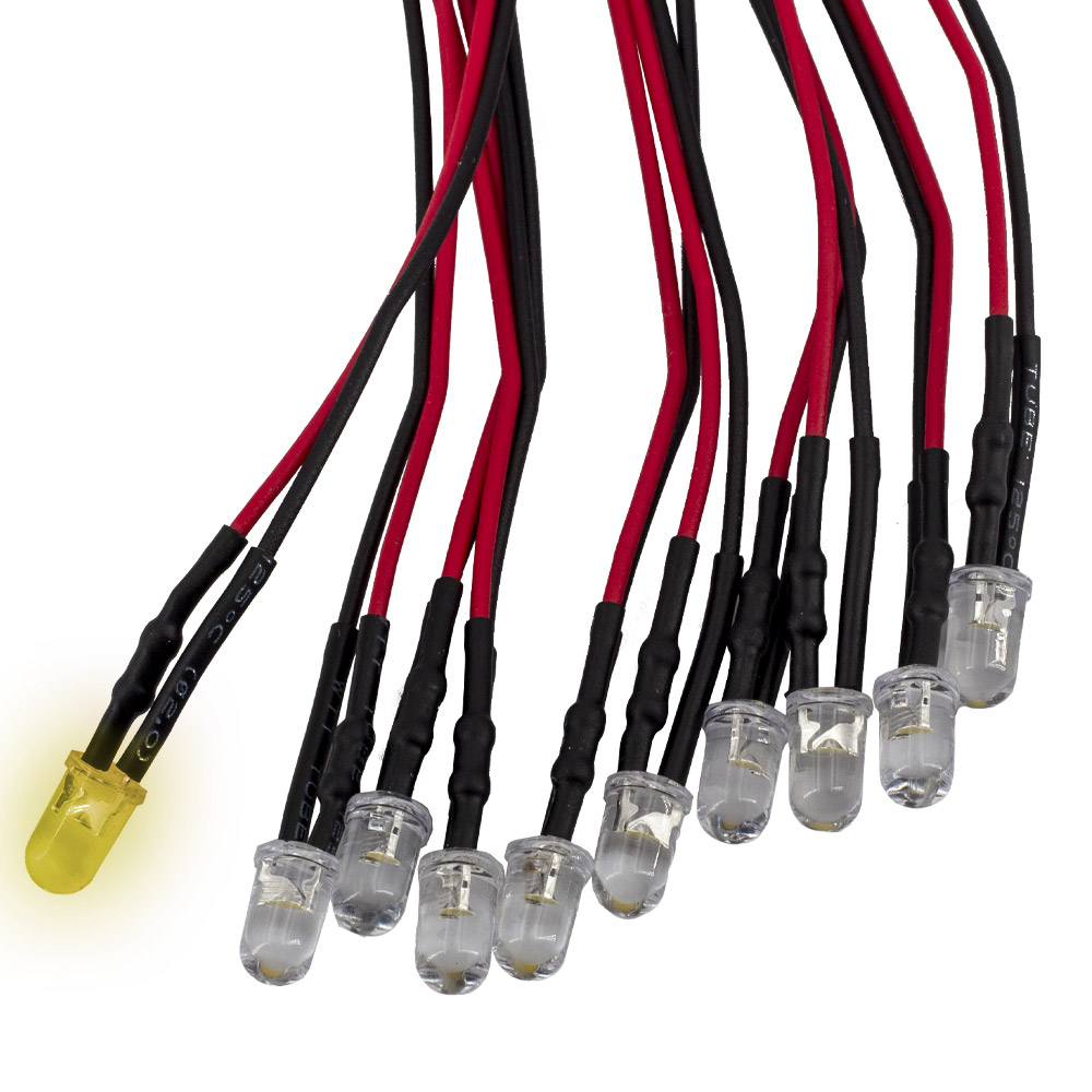10 pièces LED F5 5mm jaune câblées 20cm 5-12V