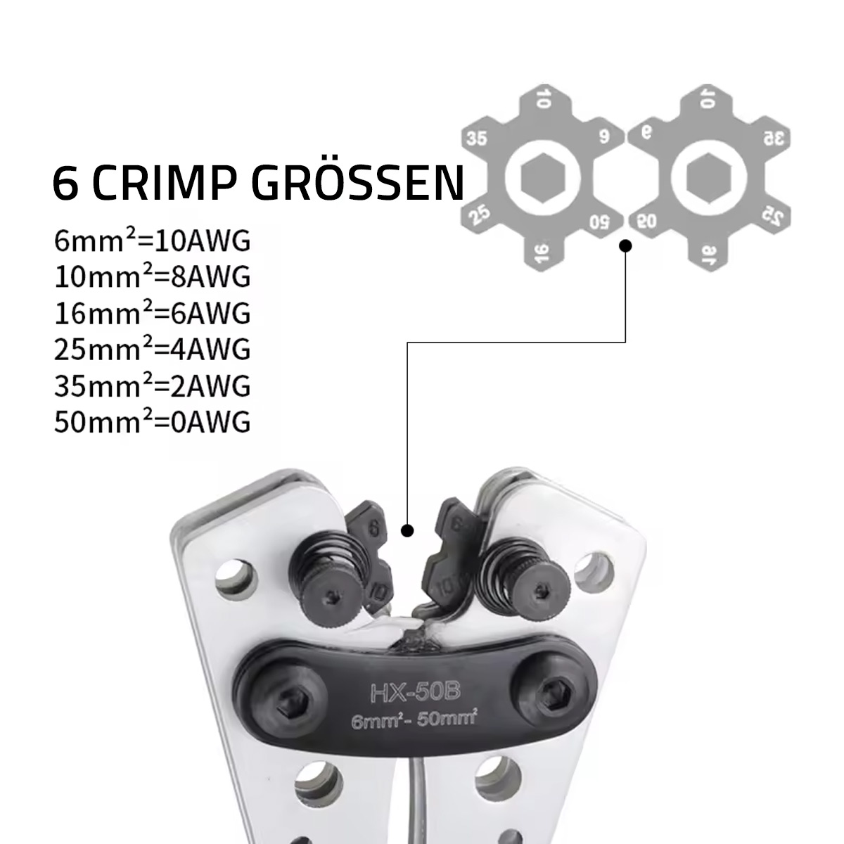 Pince à sertir HX-50B – Outil polyvalent pour cosses, colliers de tube et câbles de batterie (6-50 mm², AWG 10-0) – Image 4