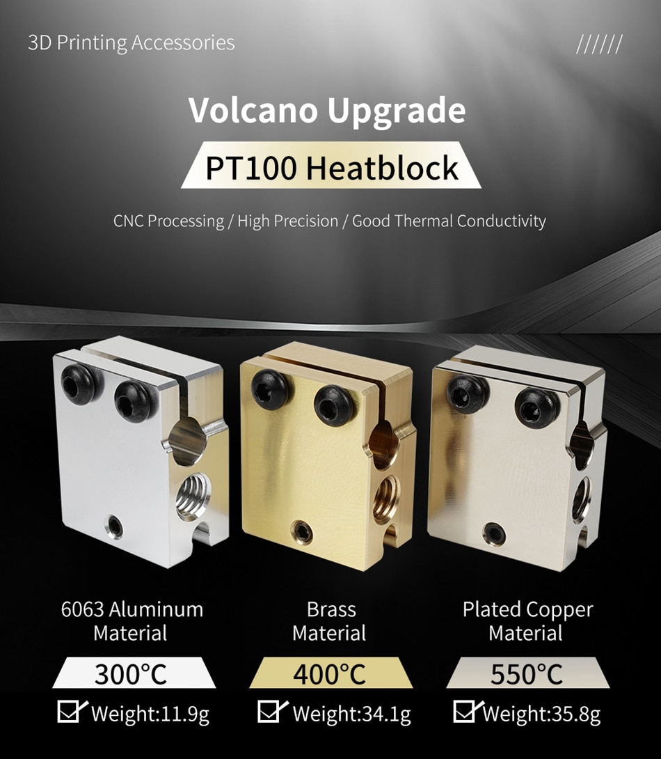 Bloc chauffant High Flow PT100 compatible Volcano nickelé 550°C – Image 2