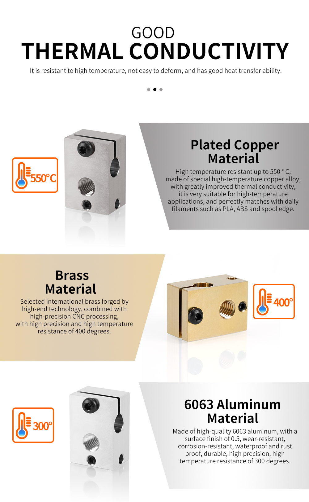 Bloc chauffant V6 cuivre plaqué nickel PT100 550°C – Image 2