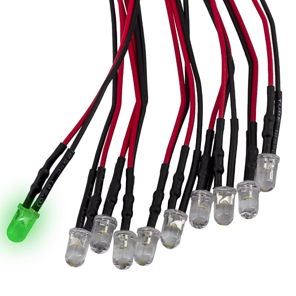 10 pièces LED F5 5mm vert câblées 20cm 5-12V
