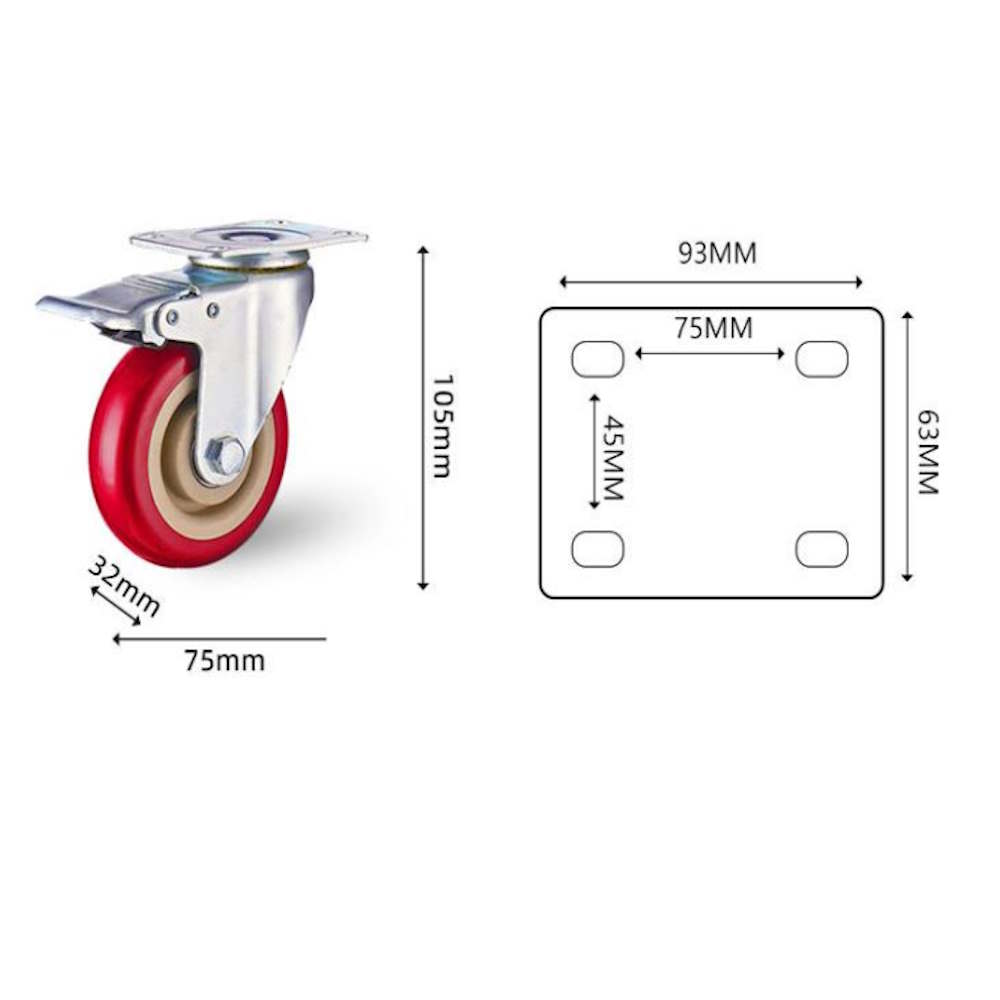 Roulette directionnelle 75 mm 360° pivotante Rouge – Roue de transport jusqu'à 90 kg de charge