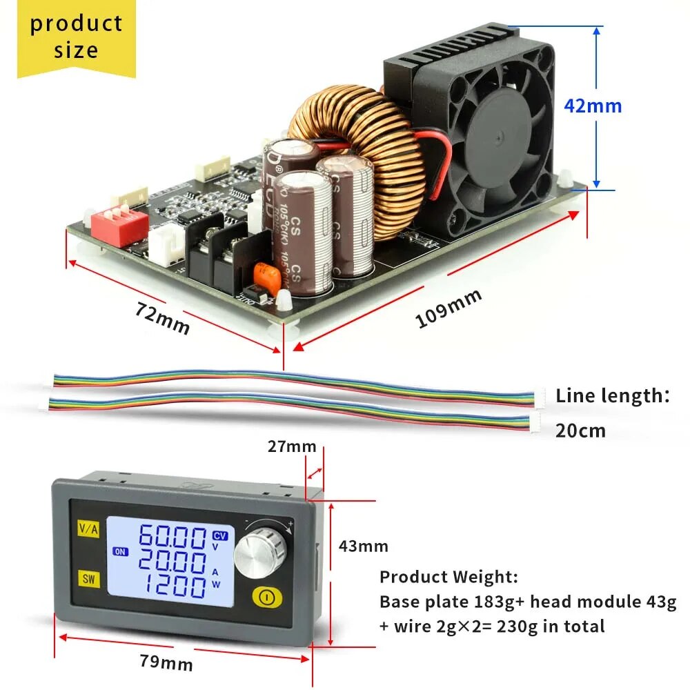 Régulateur de tension avec écran DC 6-70V vers 0-60V 20A 1200W CNC XY6020L – Image 11