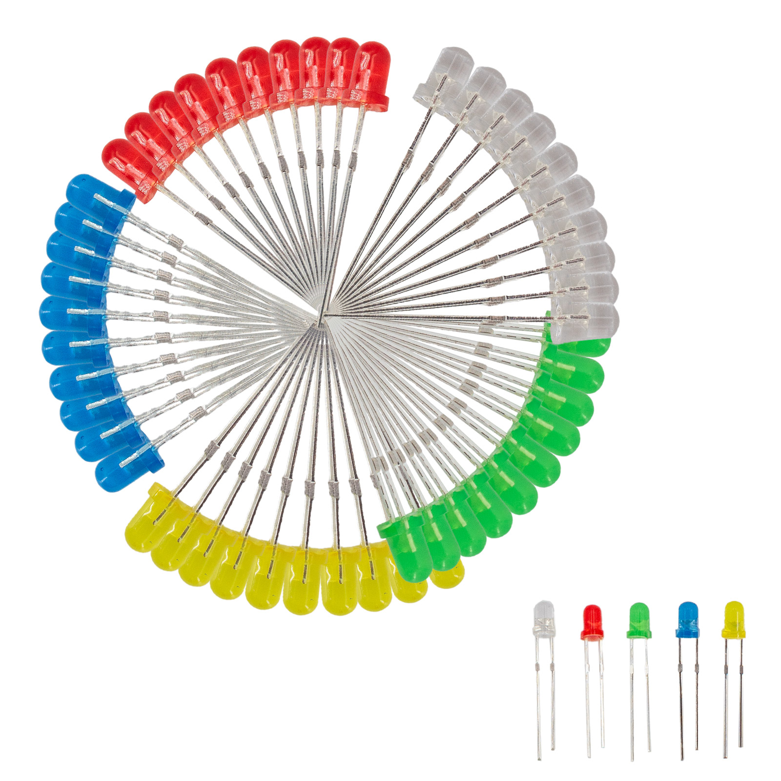 100 x LED 5 mm - triées blanc, rouge, jaune, bleu, vert