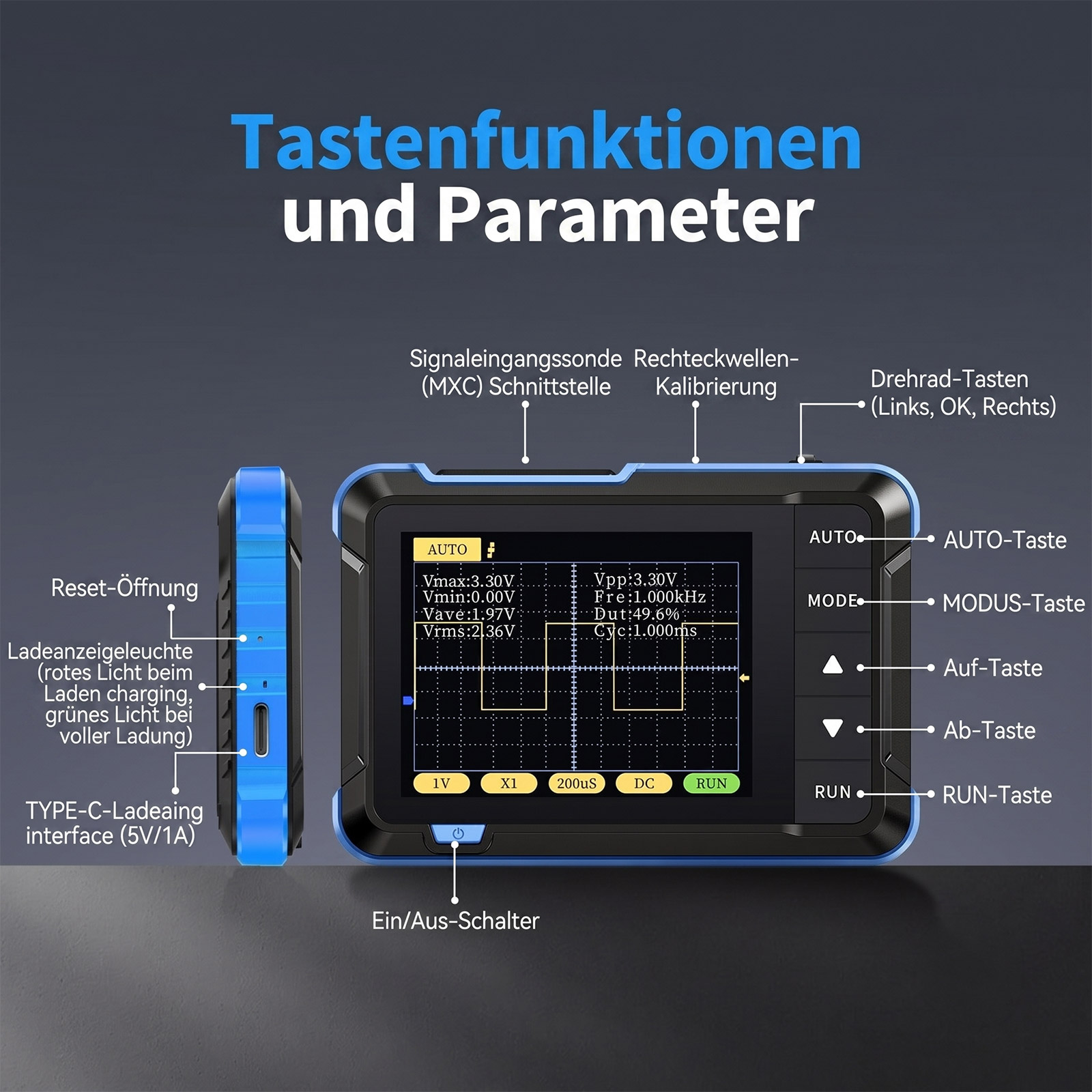 FNIRSI DSO-152 Mini-oscilloscope – bande passante 200 kHz, 2,5 MS/s, appareil de mesure portable avec écran LCD – Image 3