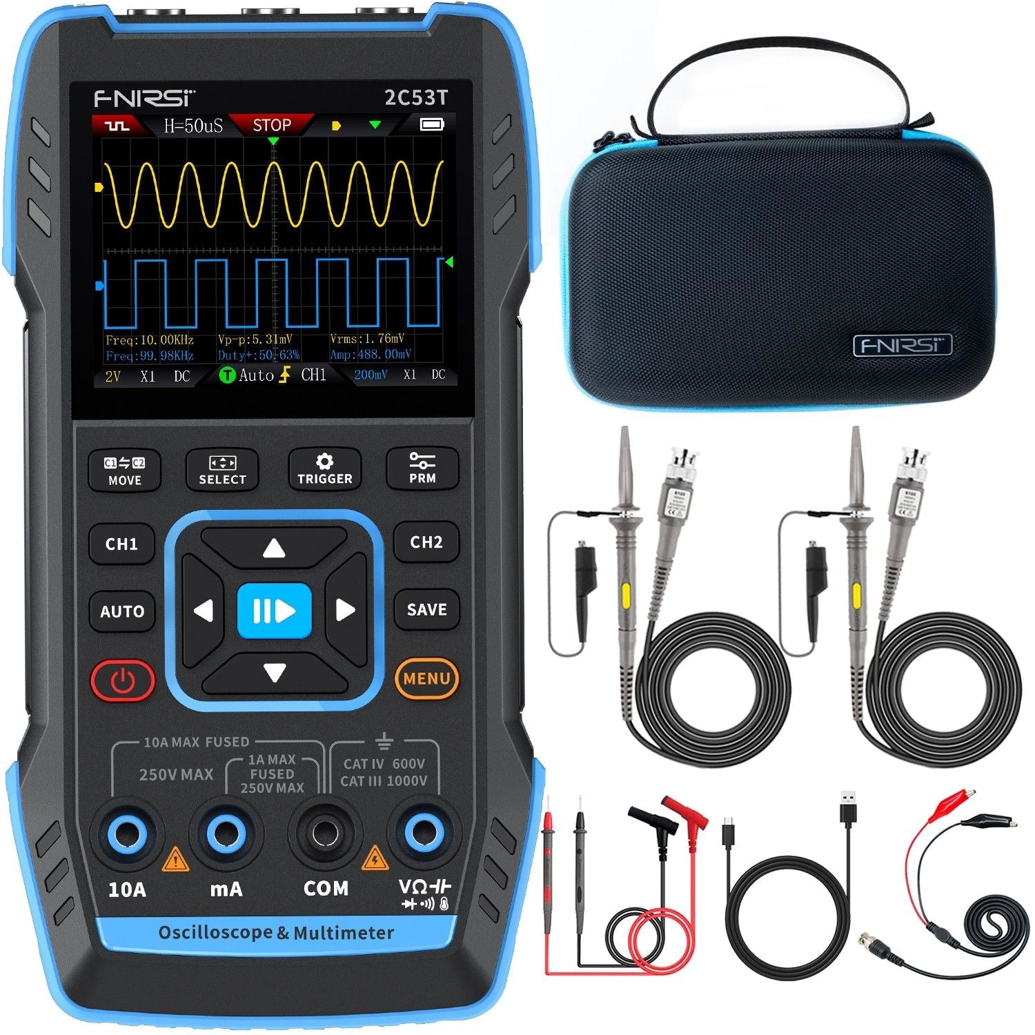 FNIRSI 2C53T 50 MHz 250 MS/s Oscilloscope portable 3 en 1 Multimètre Générateur de signaux