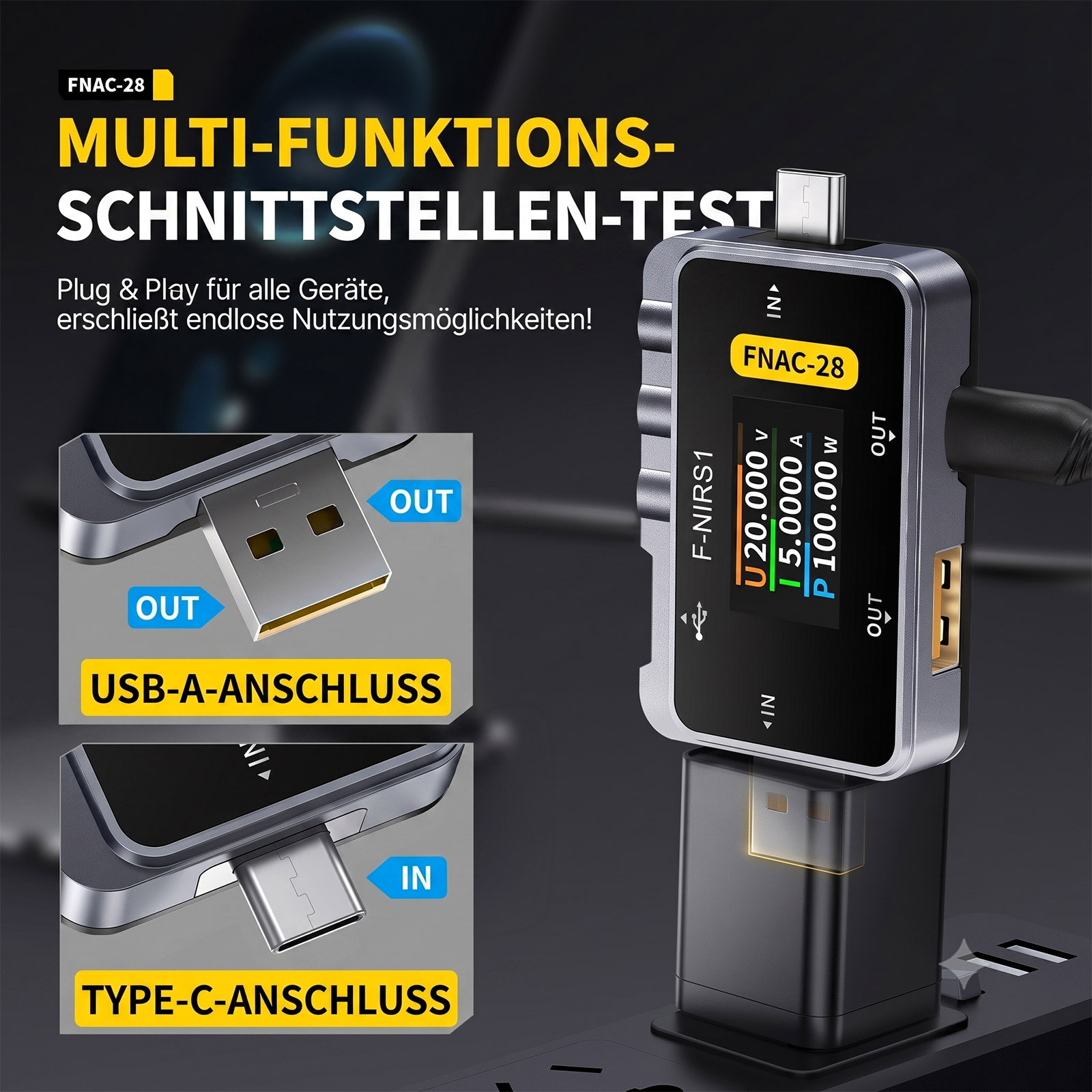 FNIRSI FNAC-28 Testeur USB – Appareil de mesure 2-en-1 pour USB-A et USB-C avec écran TFT – Image 4