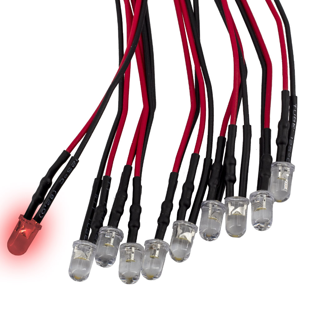 10 pièces LED F5 rouge 5mm câblées 20cm 5-12V