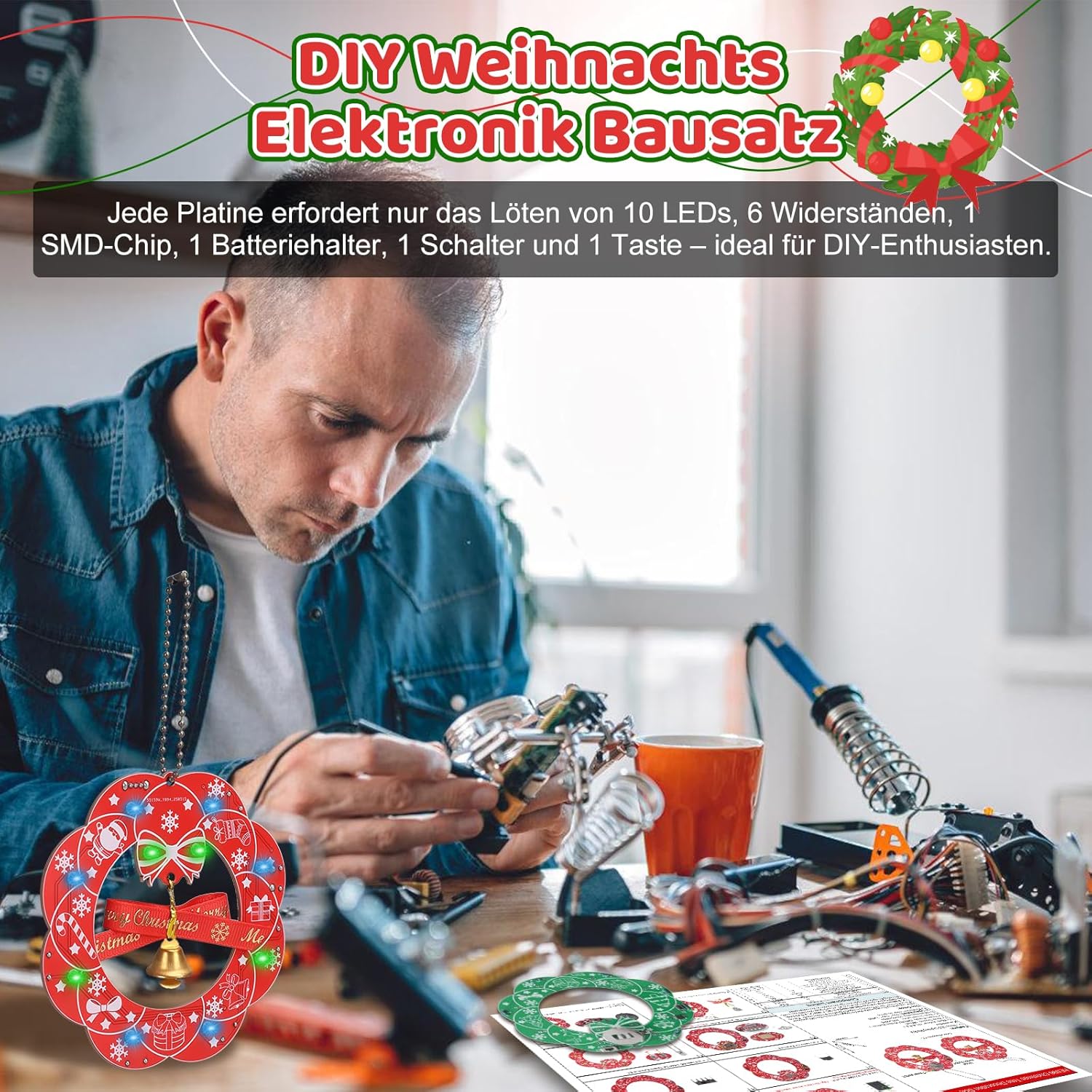 Kit 2 pièces couronne de Noël LED – Kit de décoration électronique avec 3 modes lumineux – Image 7