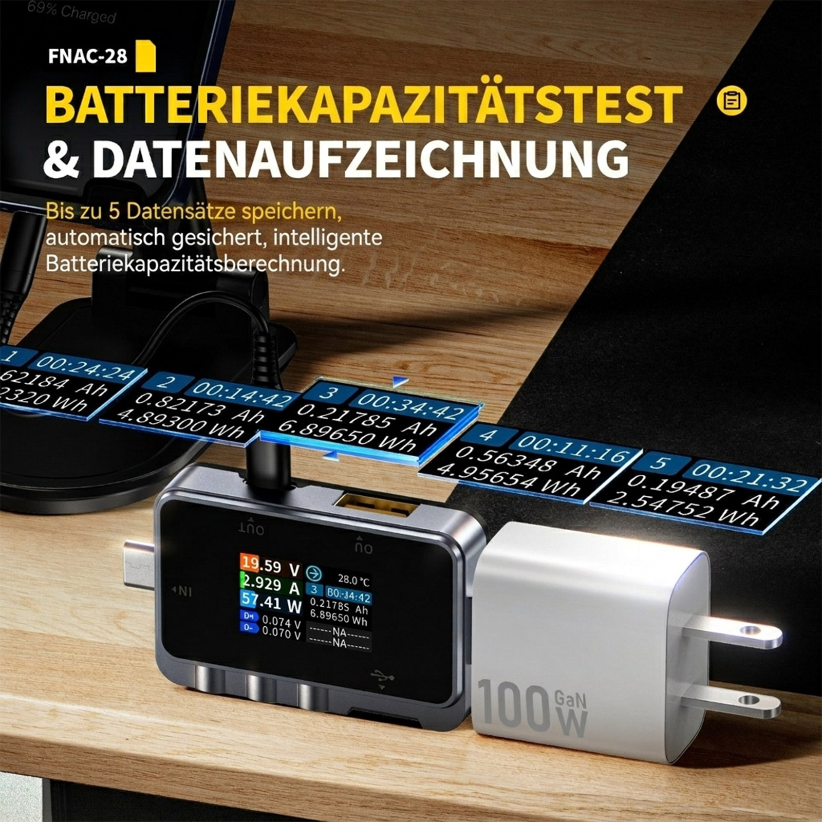 FNIRSI FNAC-28 Testeur USB – Appareil de mesure 2-en-1 pour USB-A et USB-C avec écran TFT – Image 6