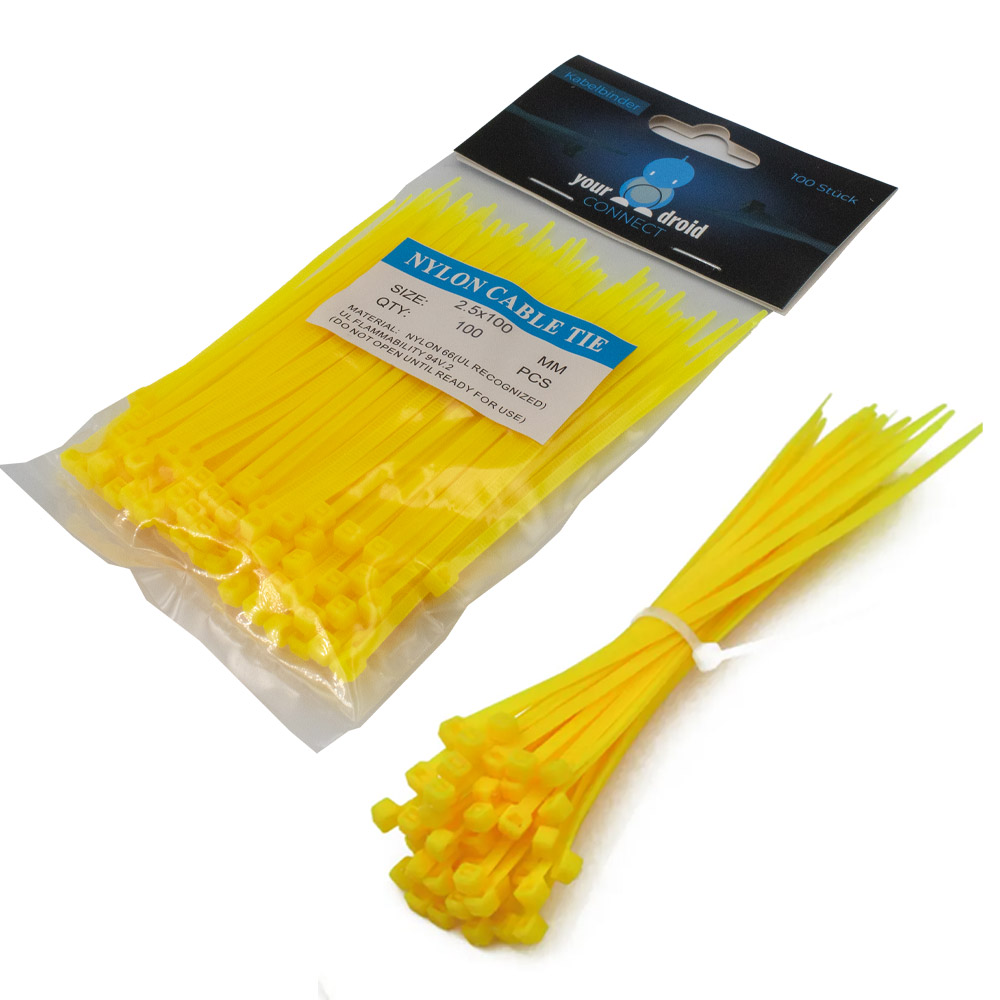 100 colliers de câble jaunes 2,5*100 mm