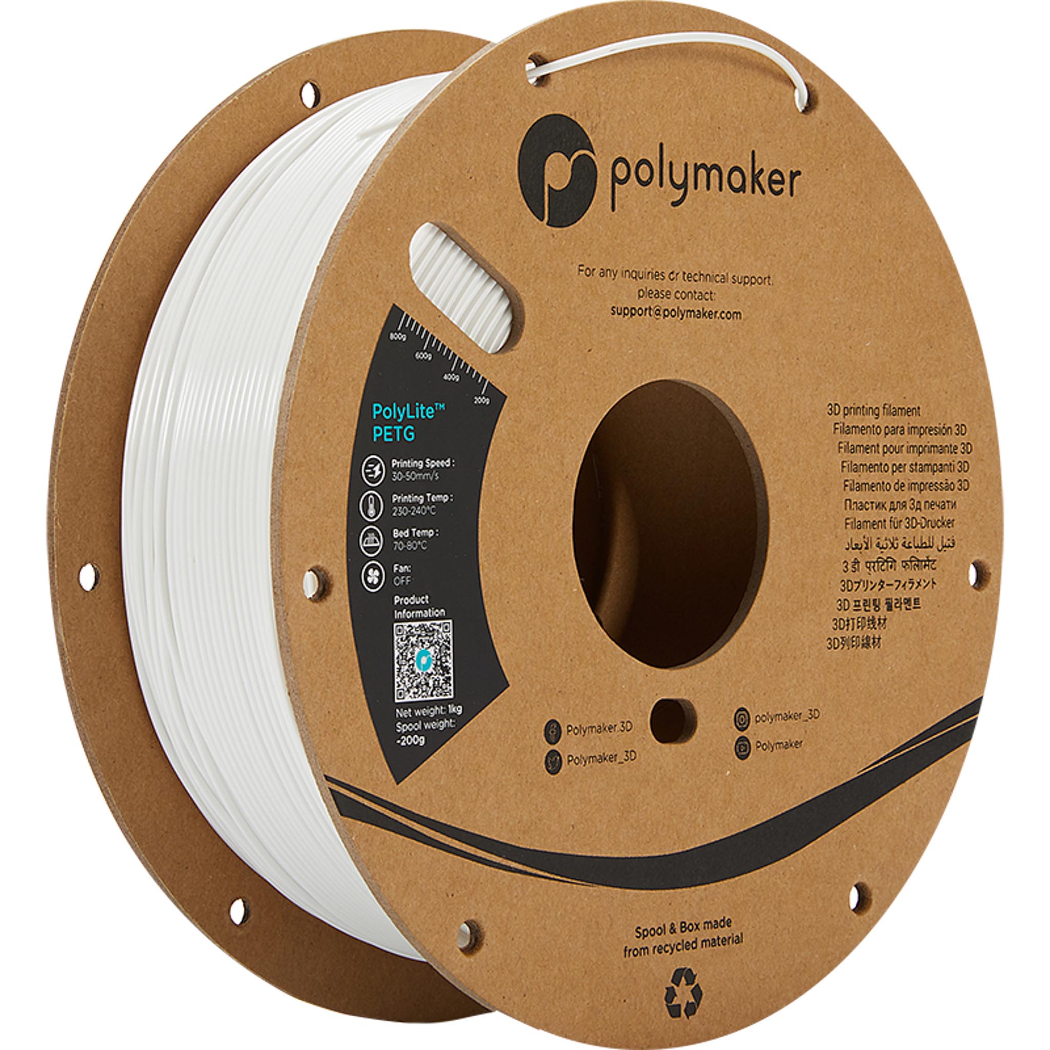 Filament Polymaker PolyLite PETG Blanc 1,75 mm 1 kg