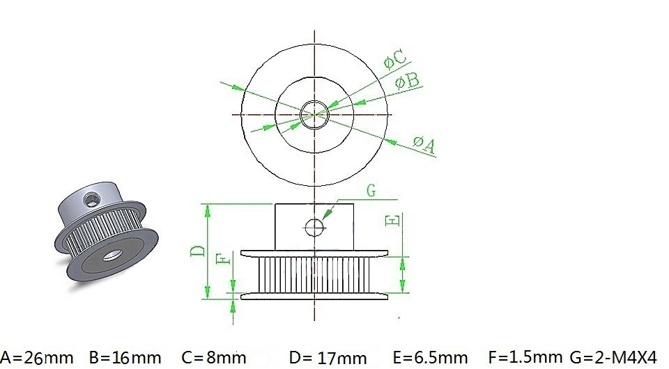 Poulie GT2 à 40 dents, alésage 8 mm pour courroie crantée 6 mm – Image 2