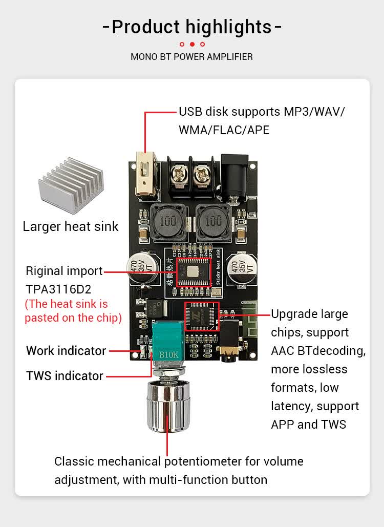 Module amplificateur audio mono Bluetooth 100W ZK-1001B – Image 3