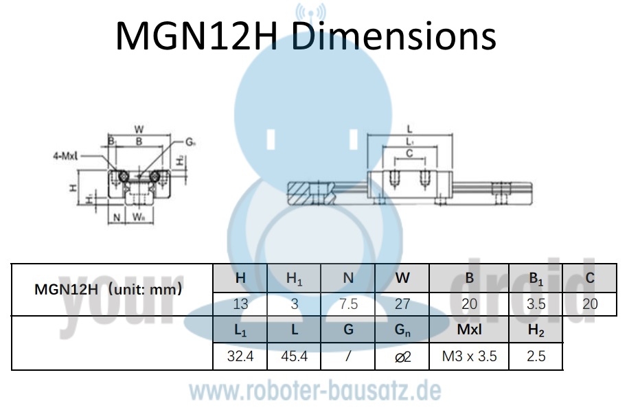 Guide linéaire MGN12H 500mm – Image 2