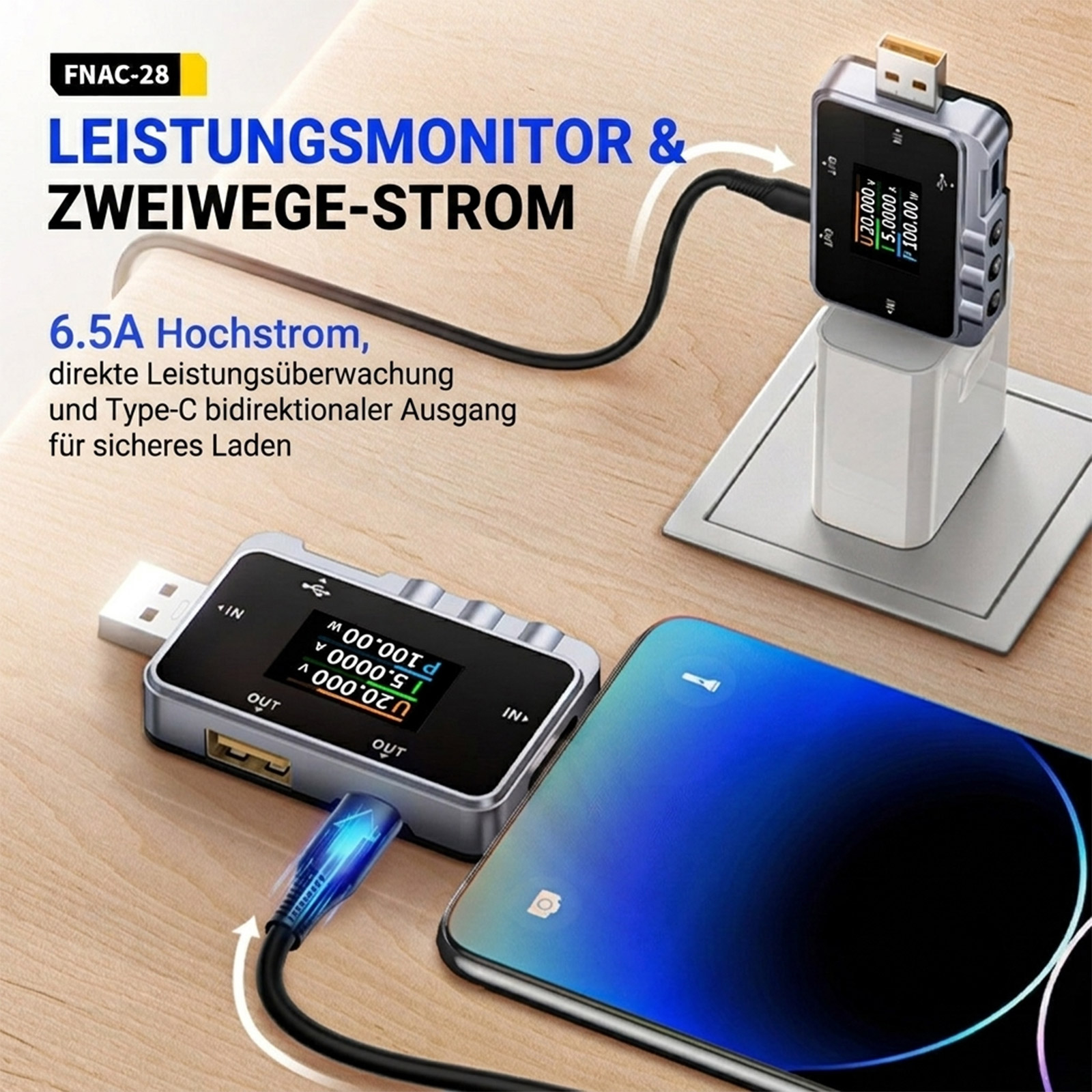 FNIRSI FNAC-28 Testeur USB – Appareil de mesure 2-en-1 pour USB-A et USB-C avec écran TFT – Image 3
