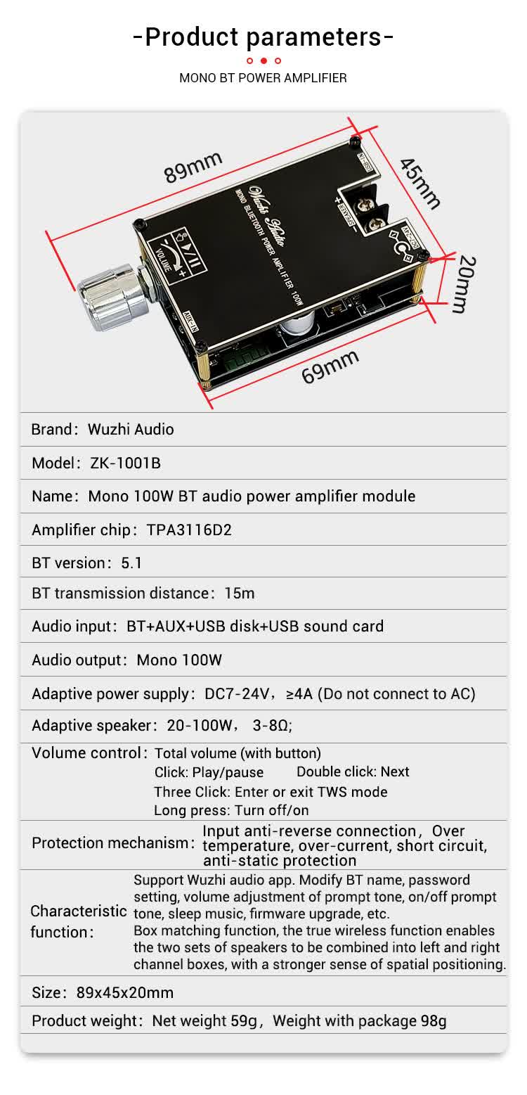 Module amplificateur audio mono Bluetooth 100W ZK-1001B – Image 7
