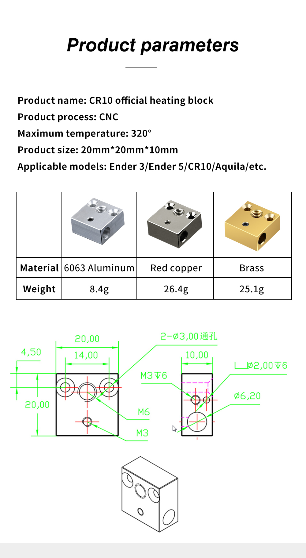Bloc chauffant MK8 en cuivre nickelé 550°C – Image 3