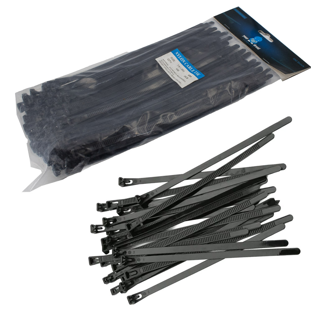 100 colliers de câble noirs 7,6*250 mm refermables